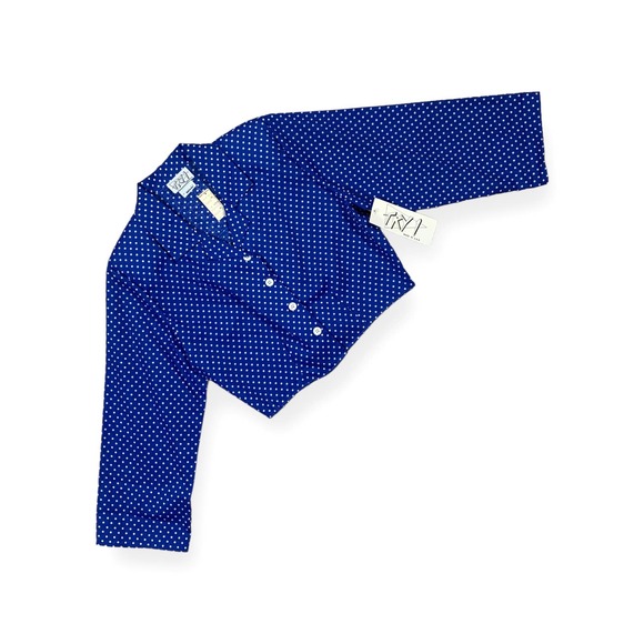 NWT Vintage Try 1 Cropped Blue White Polka-Dot Button Down Blouse Top- Medium - Picture 7 of 9